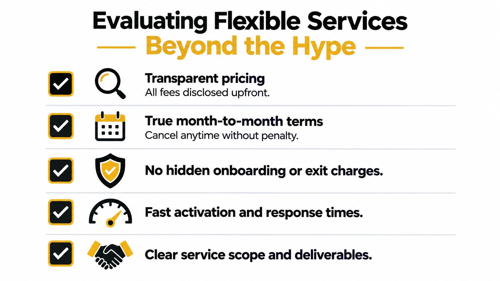 A checklist infographic titled Evaluating Flexible Services Beyond the Hype, highlighting key transparency and flexibility principles.