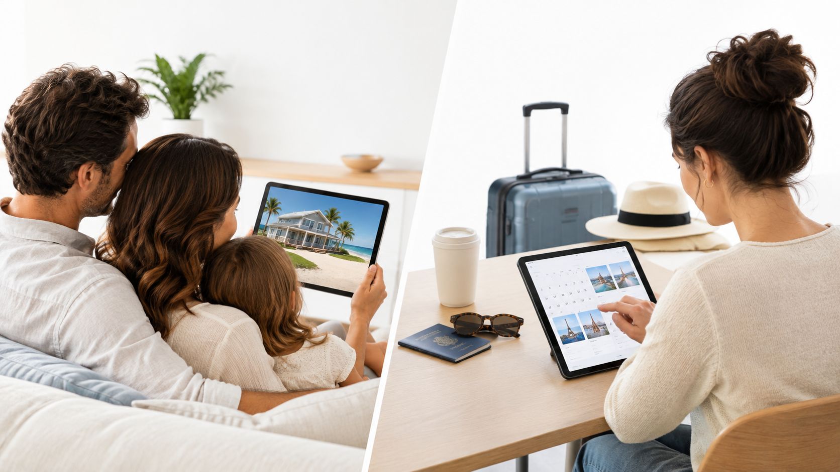A split image showing a family looking at a beach house and a woman planning a trip