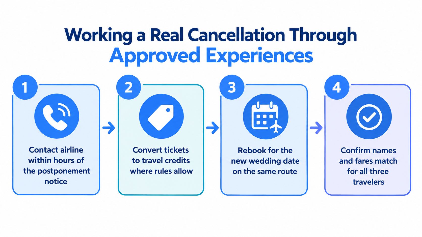 A four-step infographic illustrating the process for cancelling and rebooking airline tickets for a wedding.