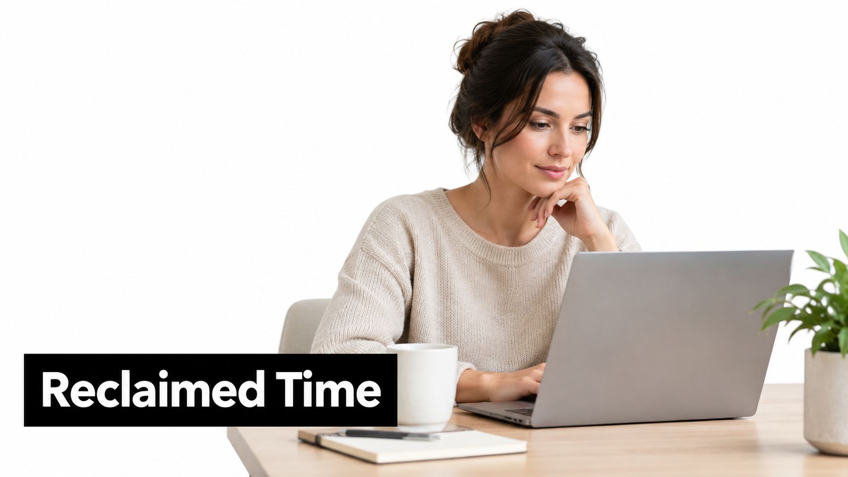 A woman working on a laptop at a desk with a mug, notepad, and plant.