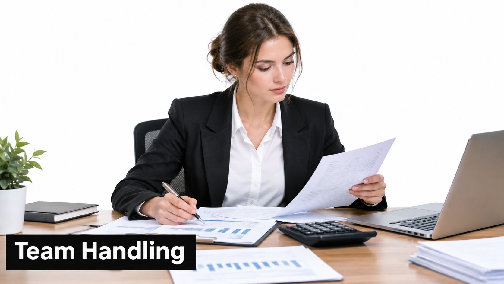 A professional businesswoman reviewing financial documents and data reports while working at her modern office desk.