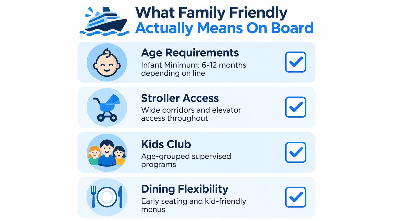 An infographic titled What Family Friendly Actually Means On Board, illustrating services available for cruising families.