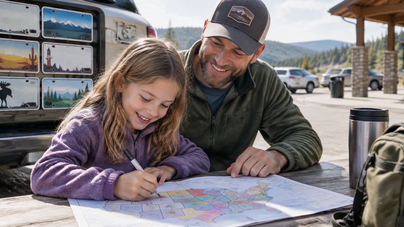 A father and his young daughter smiling while planning their next adventure on a map outdoors.