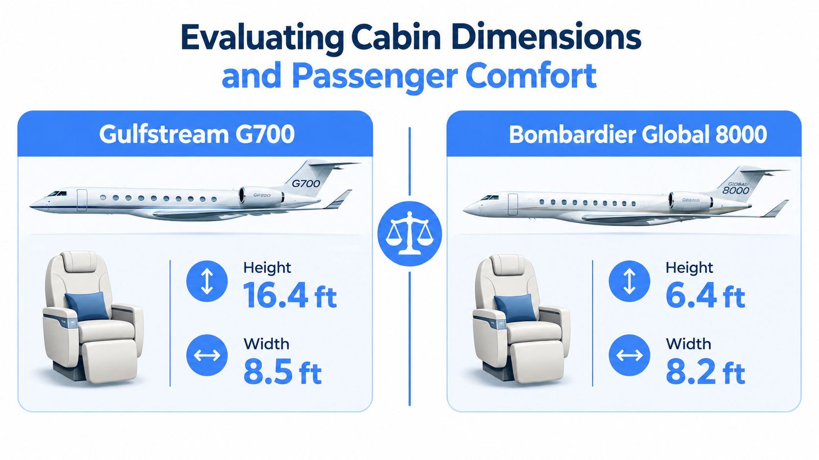 A comparison chart showing cabin height and width dimensions for the Gulfstream G700 and Bombardier Global 8000.