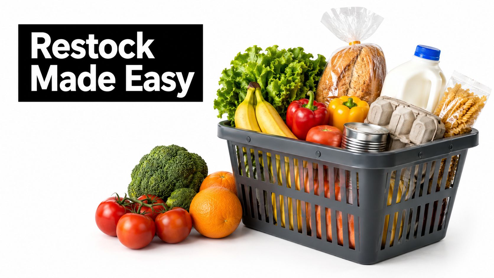 A shopping basket filled with fresh produce, bread, milk, and groceries isolated on a white background.