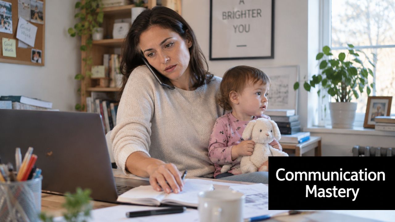 A professional woman working on her laptop while holding her baby and talking on the phone.