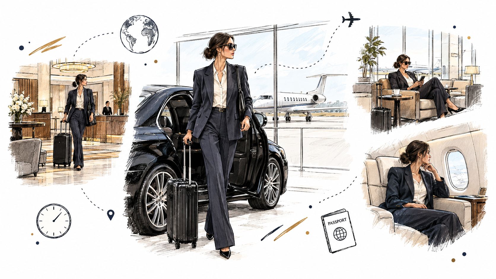 A professional woman in a suit traveling through luxury airport services, from limousine arrival to airplane seating.