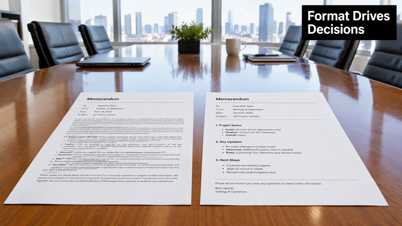 Two printed memorandum documents rest on a polished wooden boardroom table overlooking a city skyline.