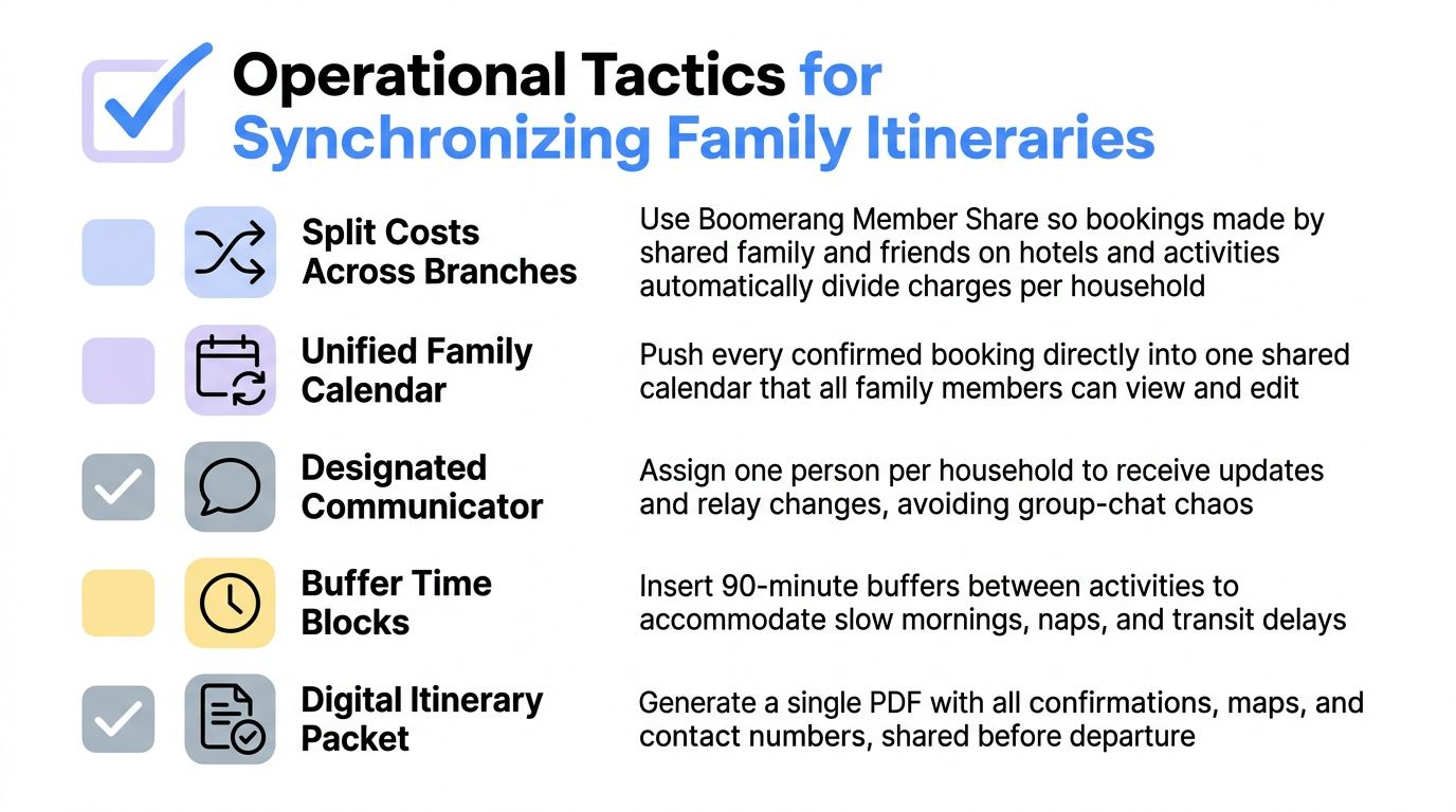 A list of five operational tactics for organizing and synchronizing family vacation itineraries using digital tools.