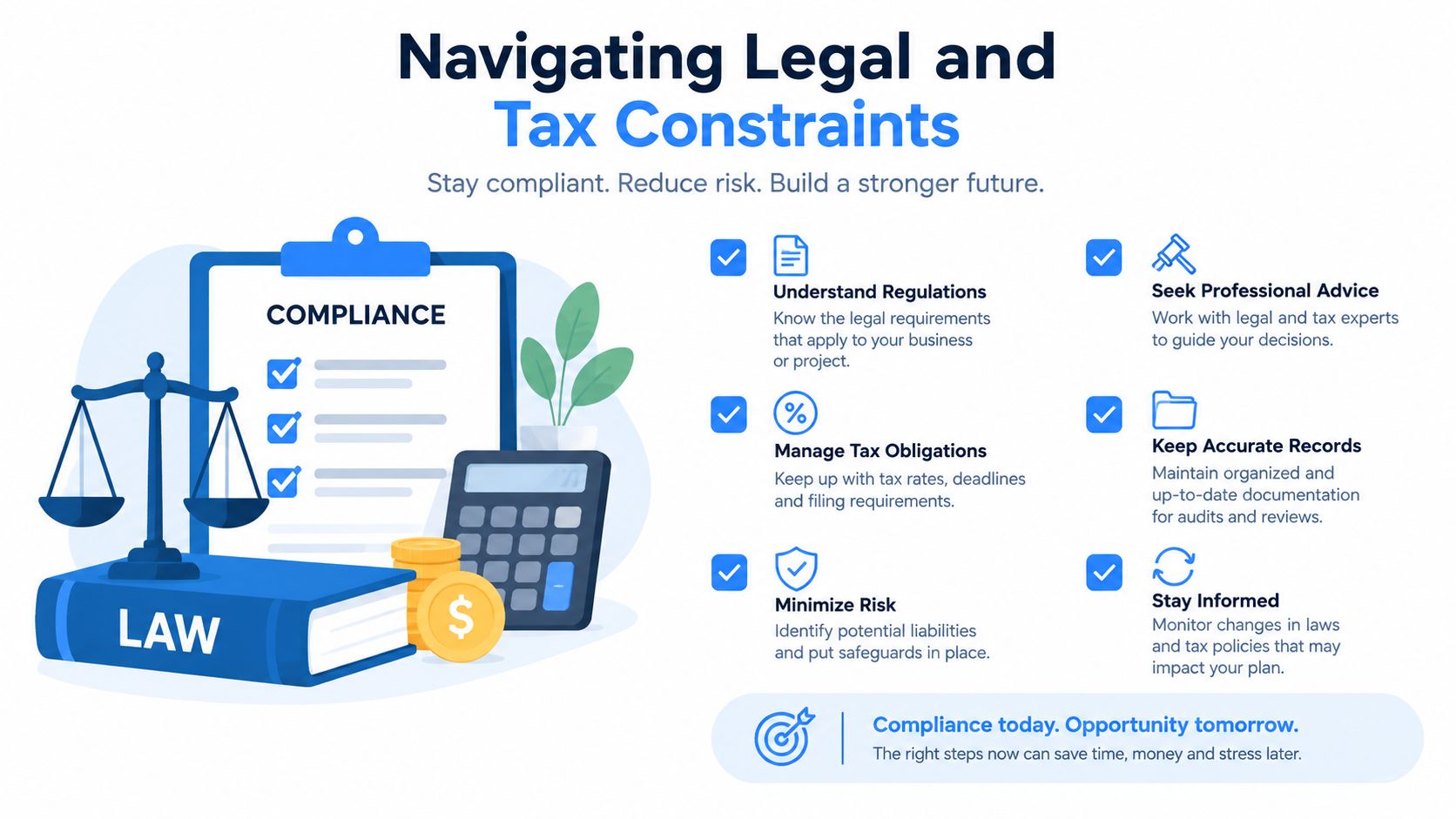 An infographic illustrating key steps for navigating legal and tax constraints for business compliance and risk management.