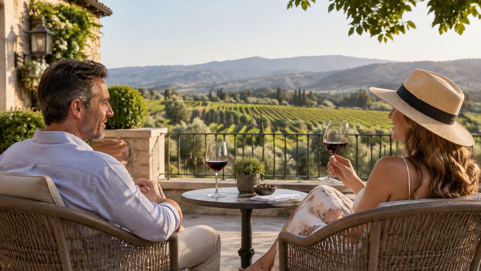 A couple enjoying a glass of red wine while overlooking a beautiful vineyard during a romantic getaway.