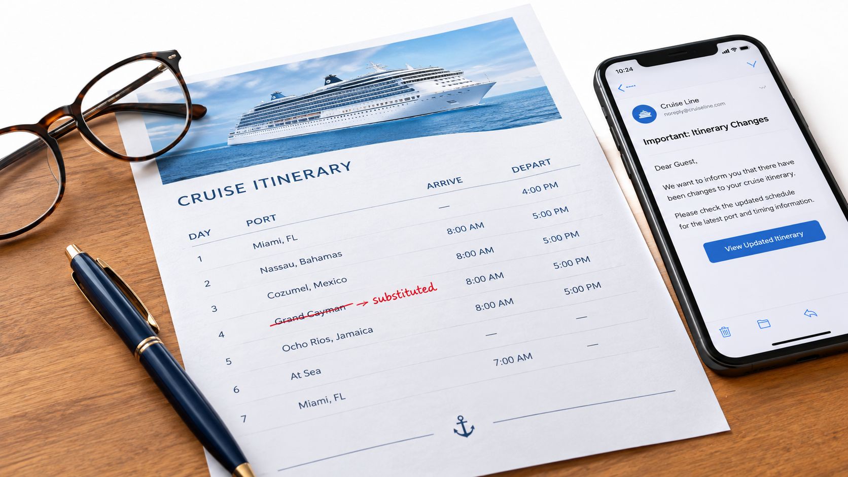A cruise itinerary document with a pen and glasses on a wooden desk next to a phone.