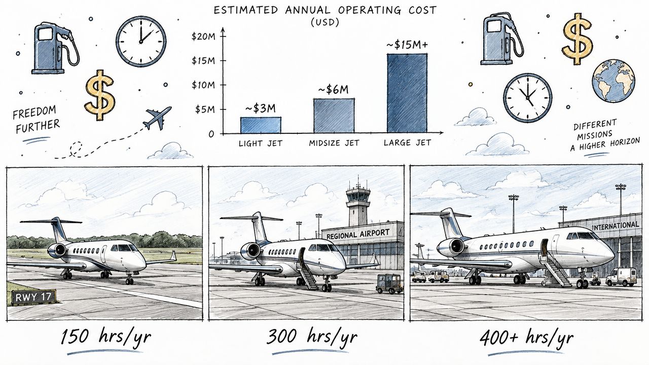 An infographic comparing the estimated annual operating costs for light, midsize, and large private jets.