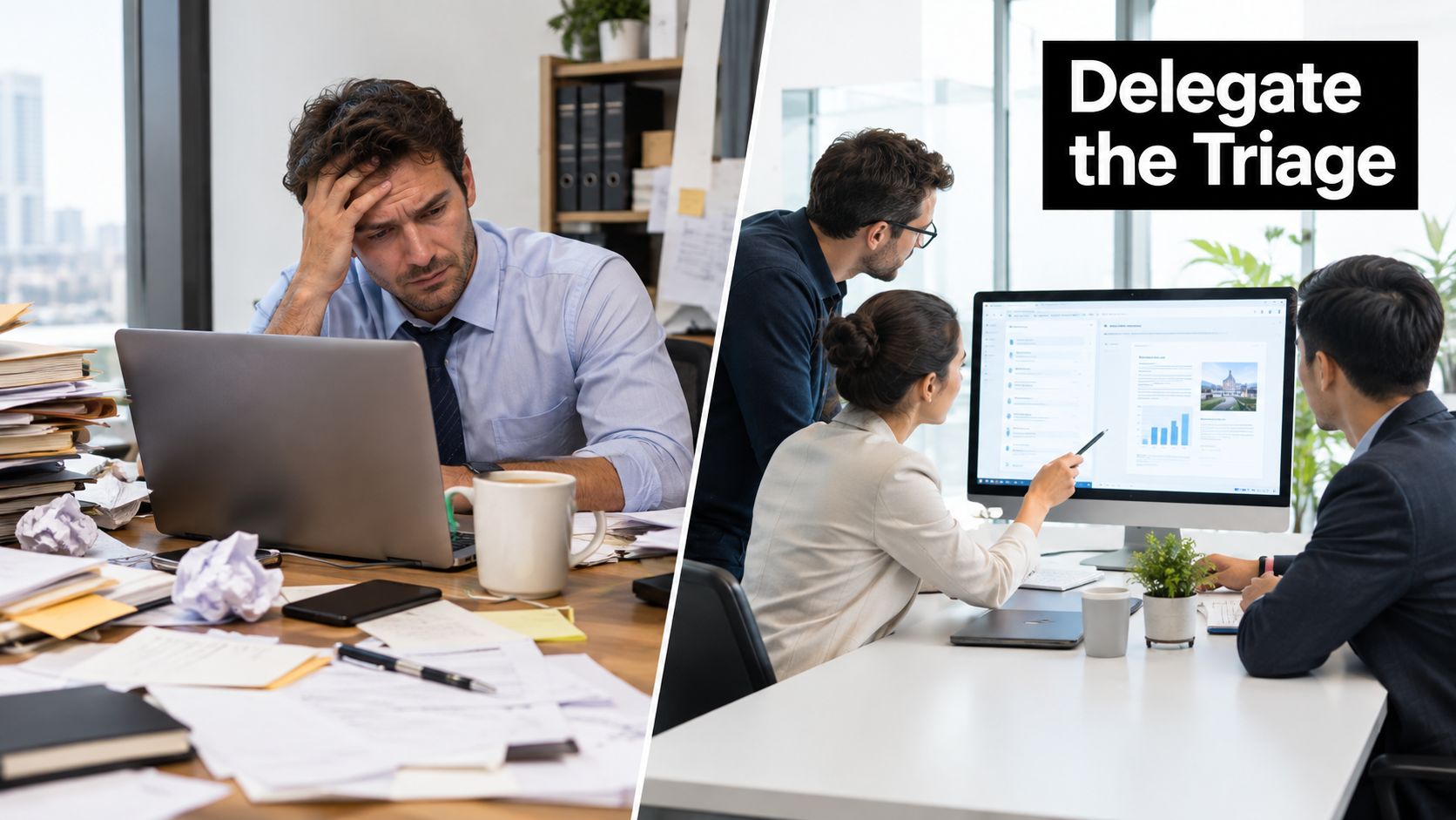 A split screen showing a stressed man working alone compared to a productive team collaborating on triage.