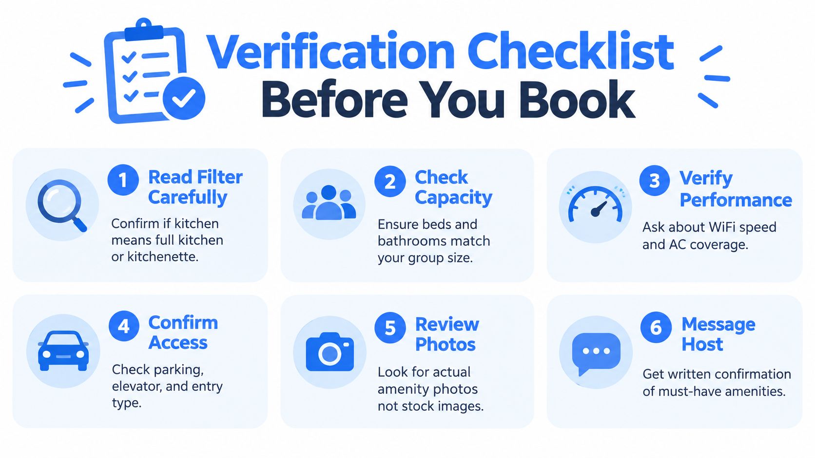 A verification checklist infographic for guests to consider before booking a vacation rental property.
