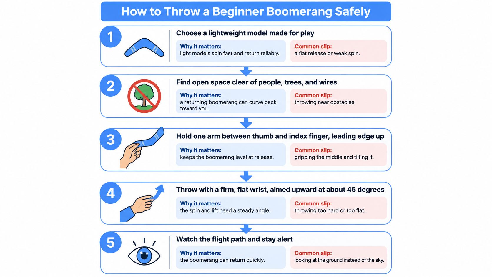 A five-step infographic guide on how to safely throw a beginner boomerang with clear illustrations and instructions.