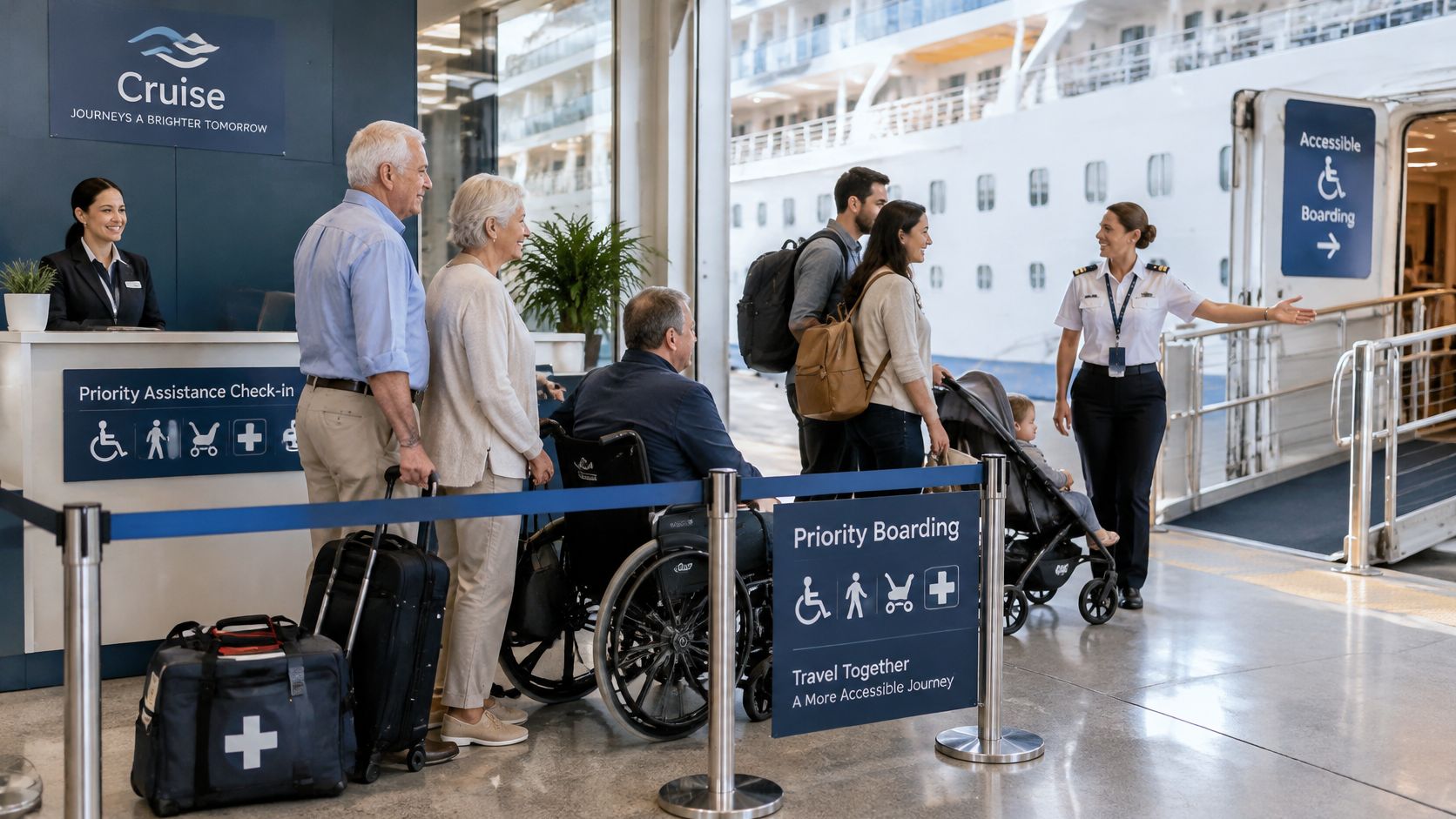 Passengers in a cruise terminal wait in a priority boarding lane for an accessible cruise ship experience.