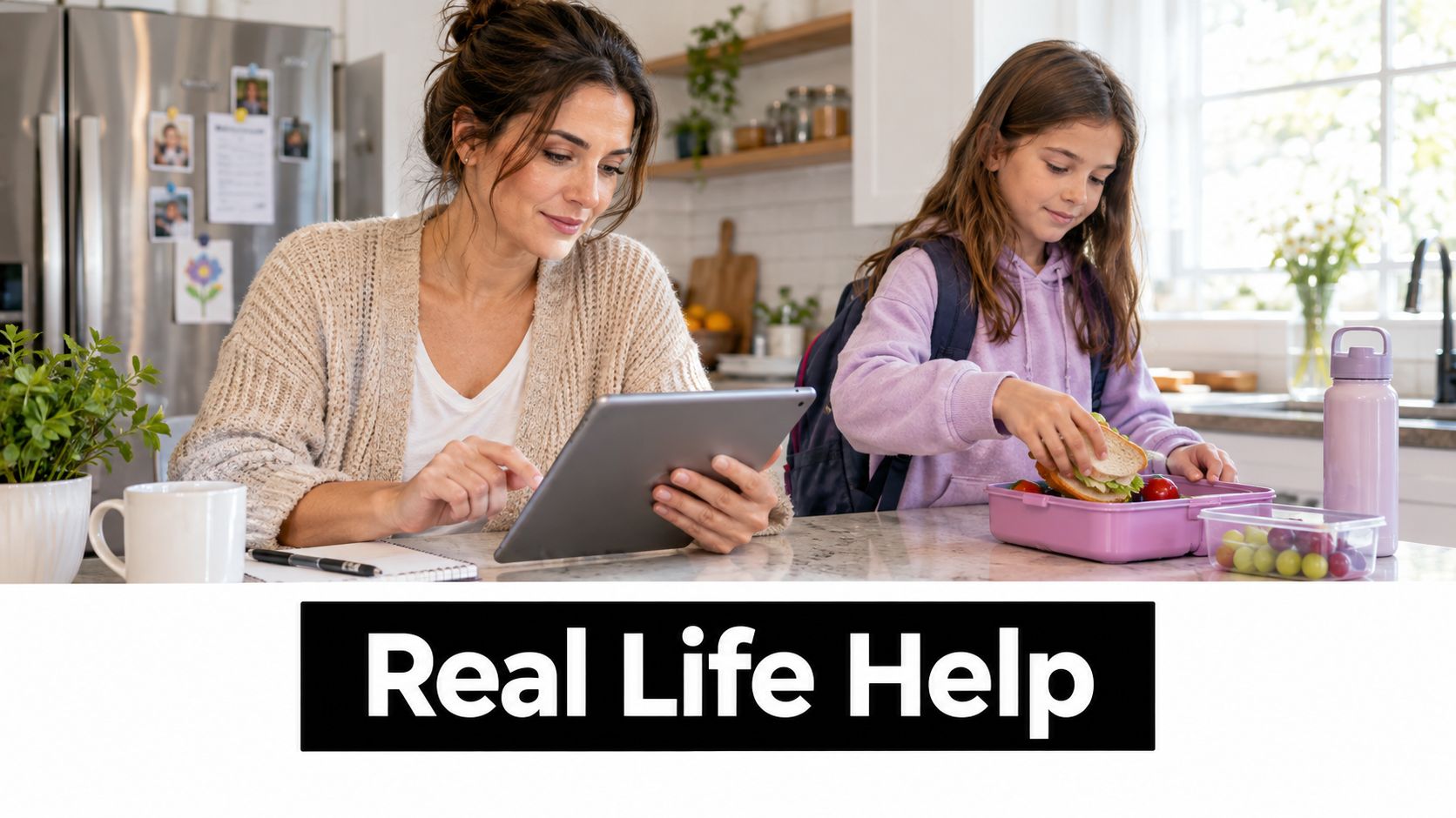 A smiling mother uses a digital tablet while her daughter packs a sandwich for school.