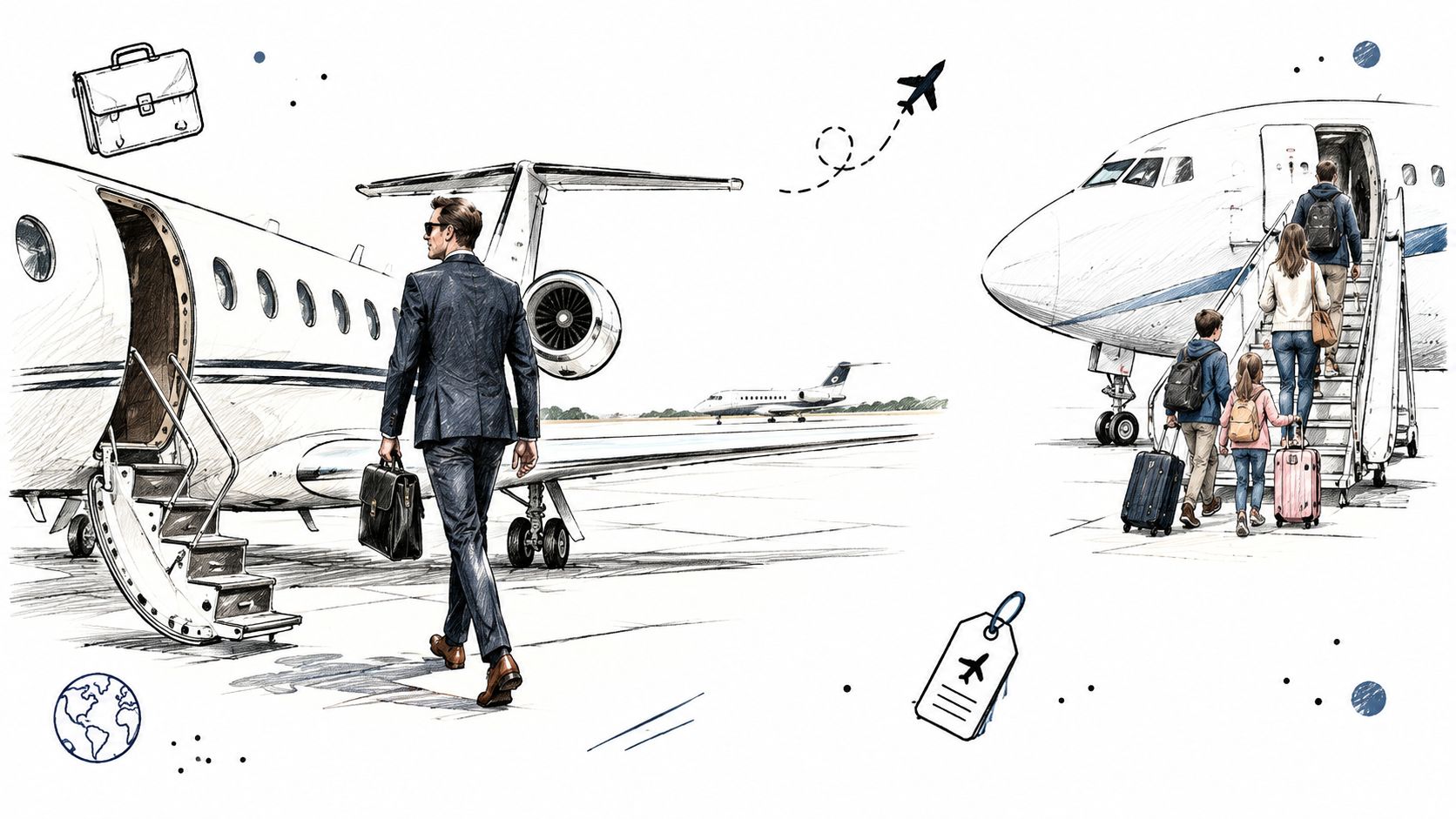 A business professional walking toward a private jet alongside a family boarding a larger commercial aircraft.