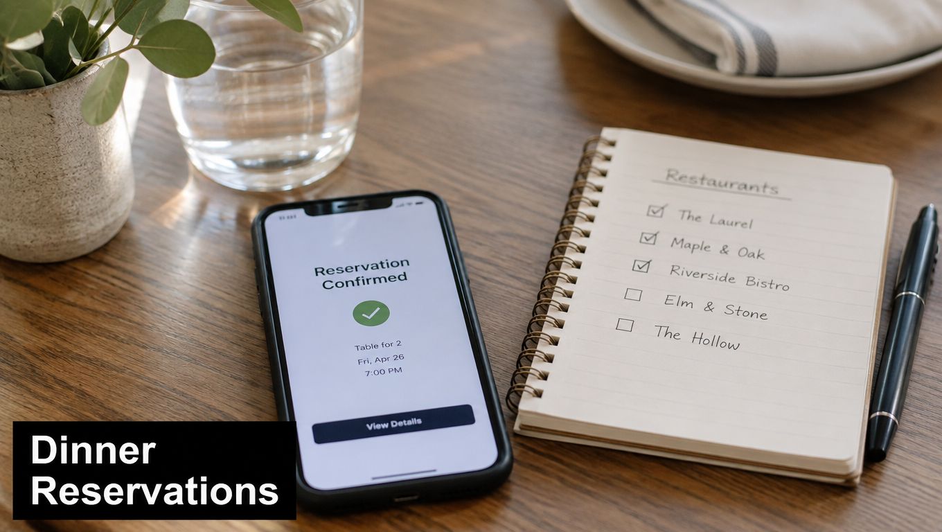 A smartphone showing a confirmed restaurant reservation next to a notepad with a list of restaurants.