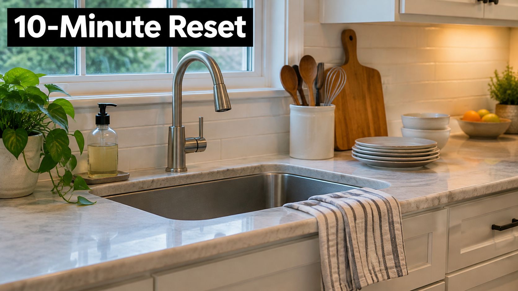 A clean and organized kitchen sink area featuring a marble countertop, faucet, potted plant, and clean dishes.
