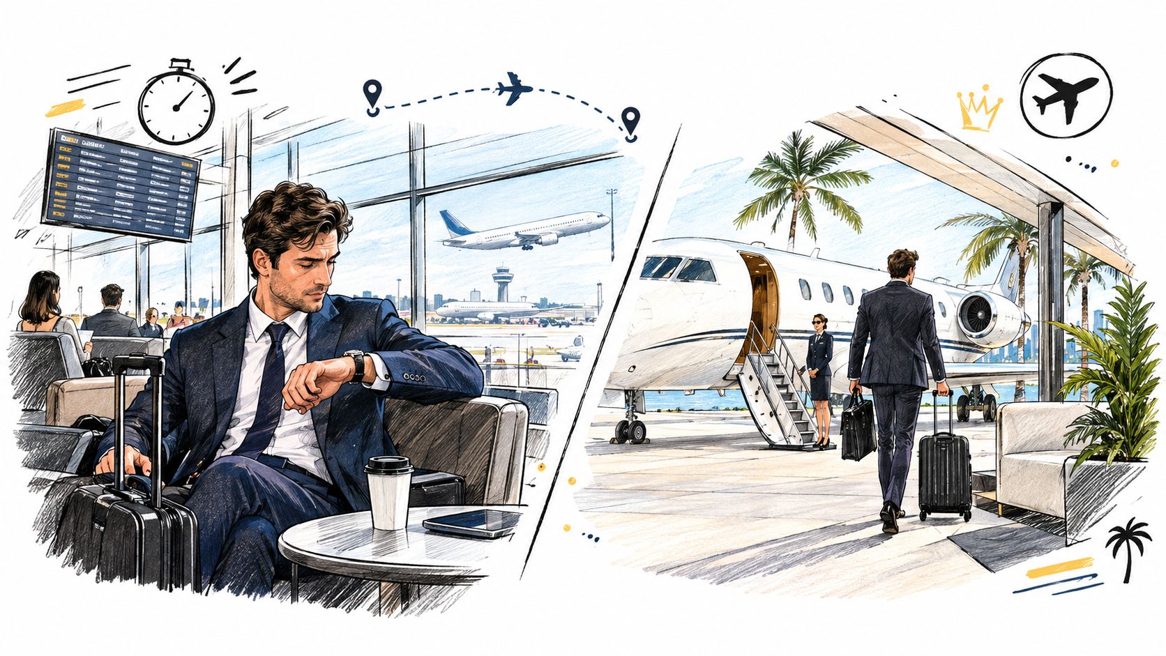 A digital illustration comparing a man waiting in an airport lounge and walking toward a private jet.