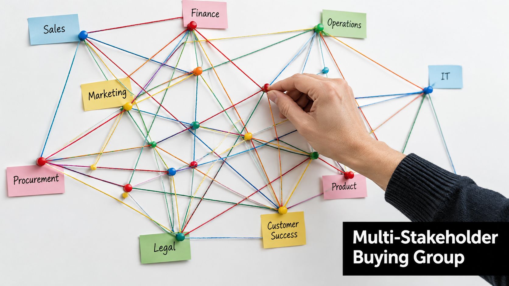 A hand connecting various business department labels on a whiteboard with colorful strings to show complex relationships.