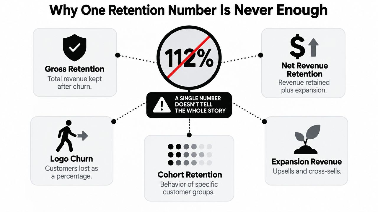 An infographic titled Why One Retention Number Is Never Enough, explaining key SaaS metrics for business analysis.
