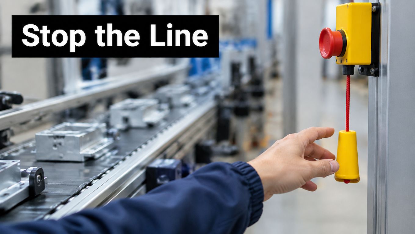 A factory worker's hand reaches toward a yellow emergency stop pull cord on an industrial assembly line.