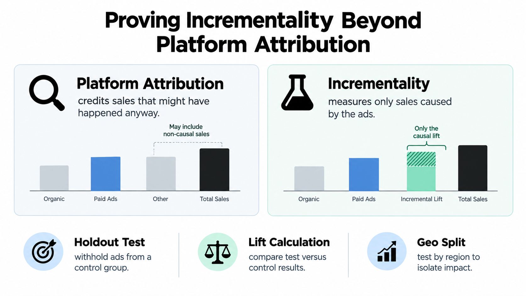An infographic comparing platform attribution versus incrementality methods for measuring advertising effectiveness and sales impact.