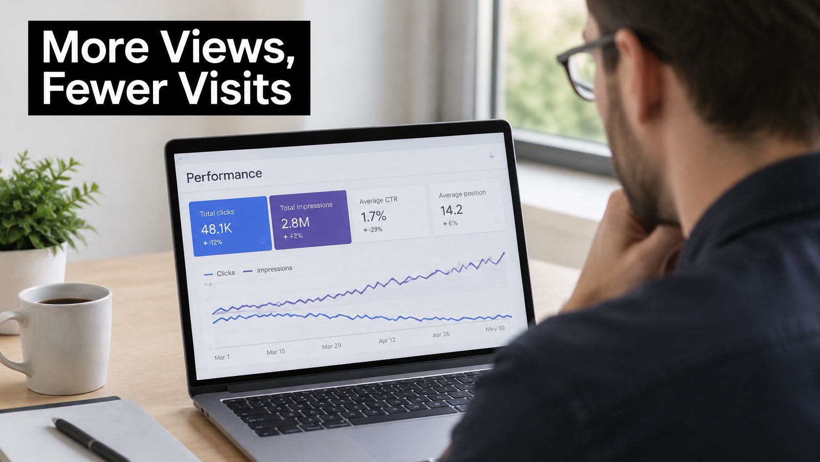 A professional analyzing digital marketing performance data on a laptop screen showing search console analytics.