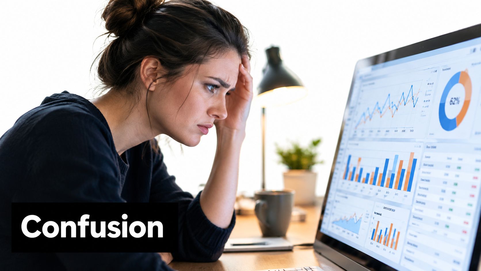 A frustrated woman looking at complex data charts on a computer monitor with a confused expression.