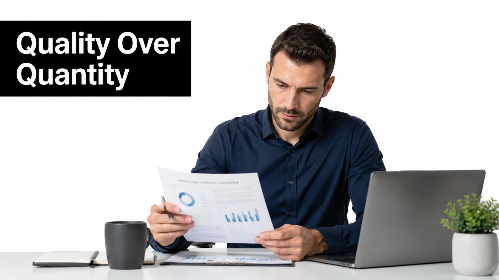 A professional man in a business shirt analyzing marketing strategy reports at his desk.