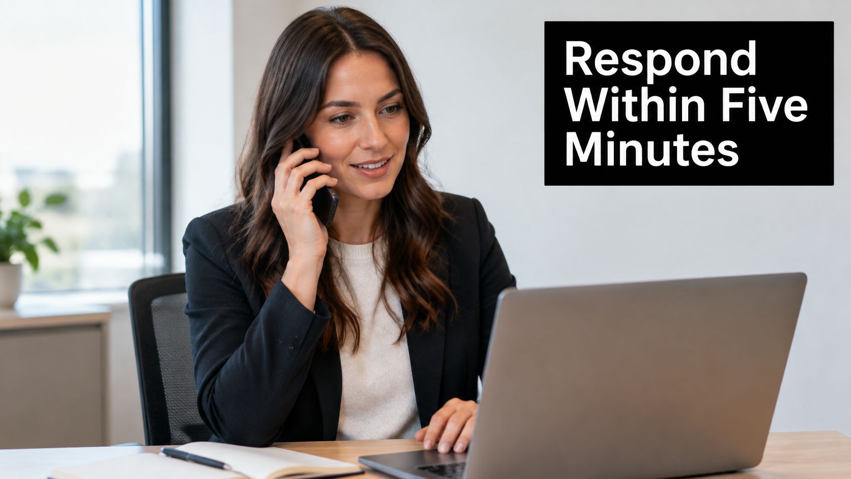 A professional woman in a business suit talking on her phone while working on her laptop.