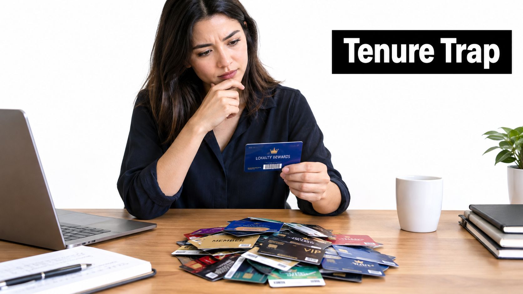 A thoughtful woman sitting at a desk surrounded by a large pile of various loyalty reward cards.
