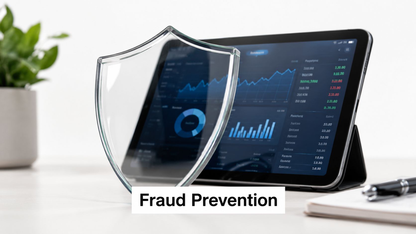 A glass shield protecting a tablet displaying financial data, representing security and fraud prevention services.