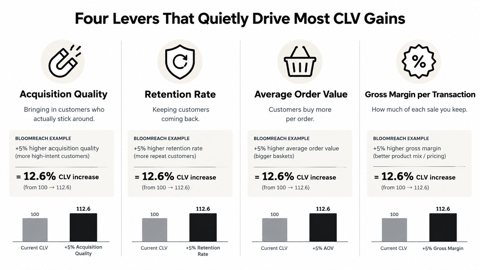 A chart showing four key levers that drive customer lifetime value: acquisition, retention, order value, and margin.