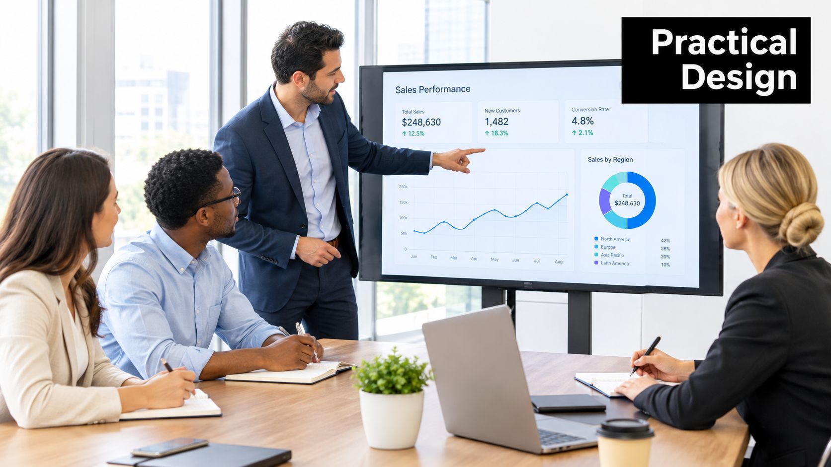 A professional man presents a business sales dashboard to his colleagues during a corporate boardroom meeting.