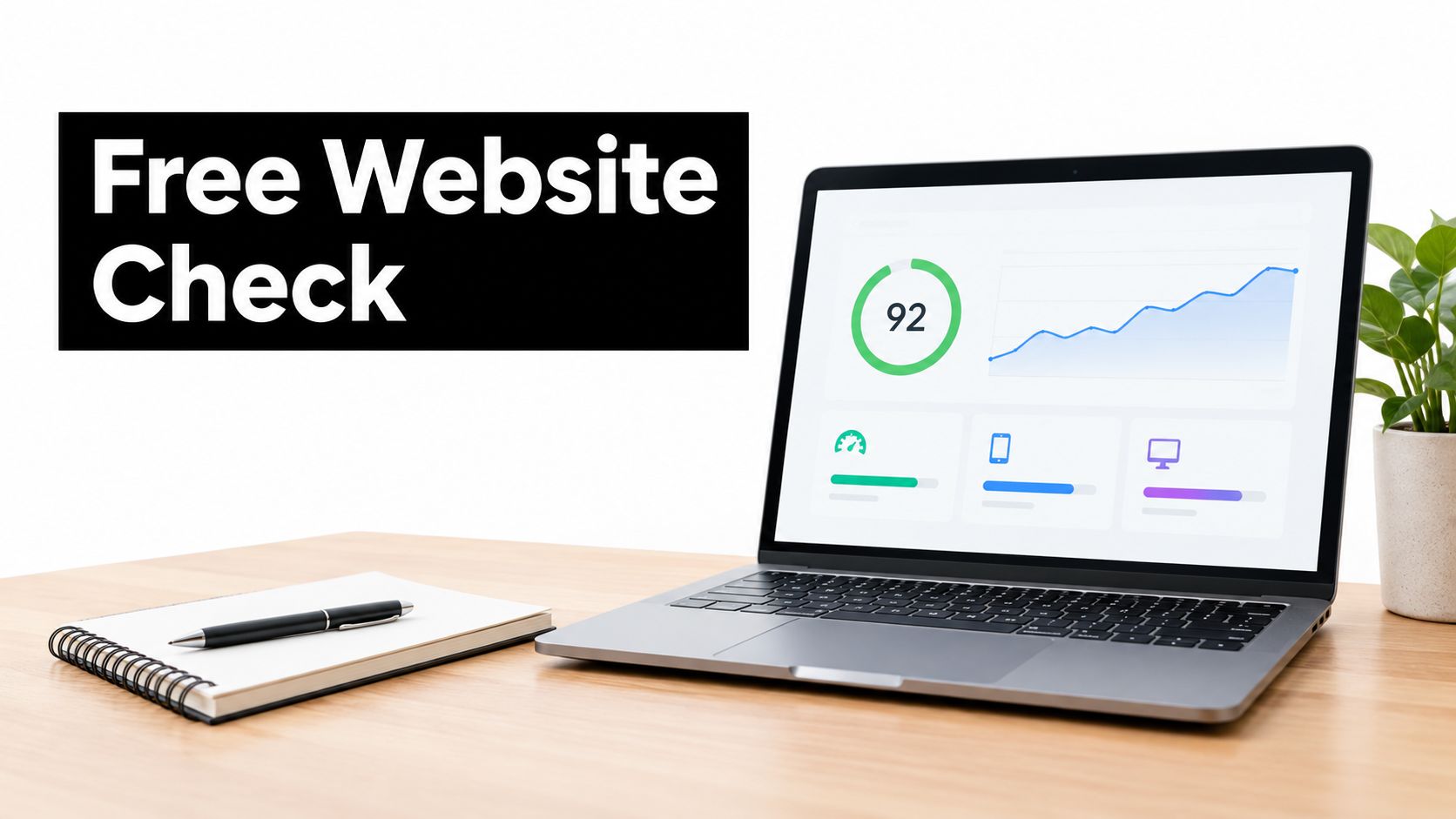 A laptop on a desk showing website analytics performance score of 92 with a pen and notepad.