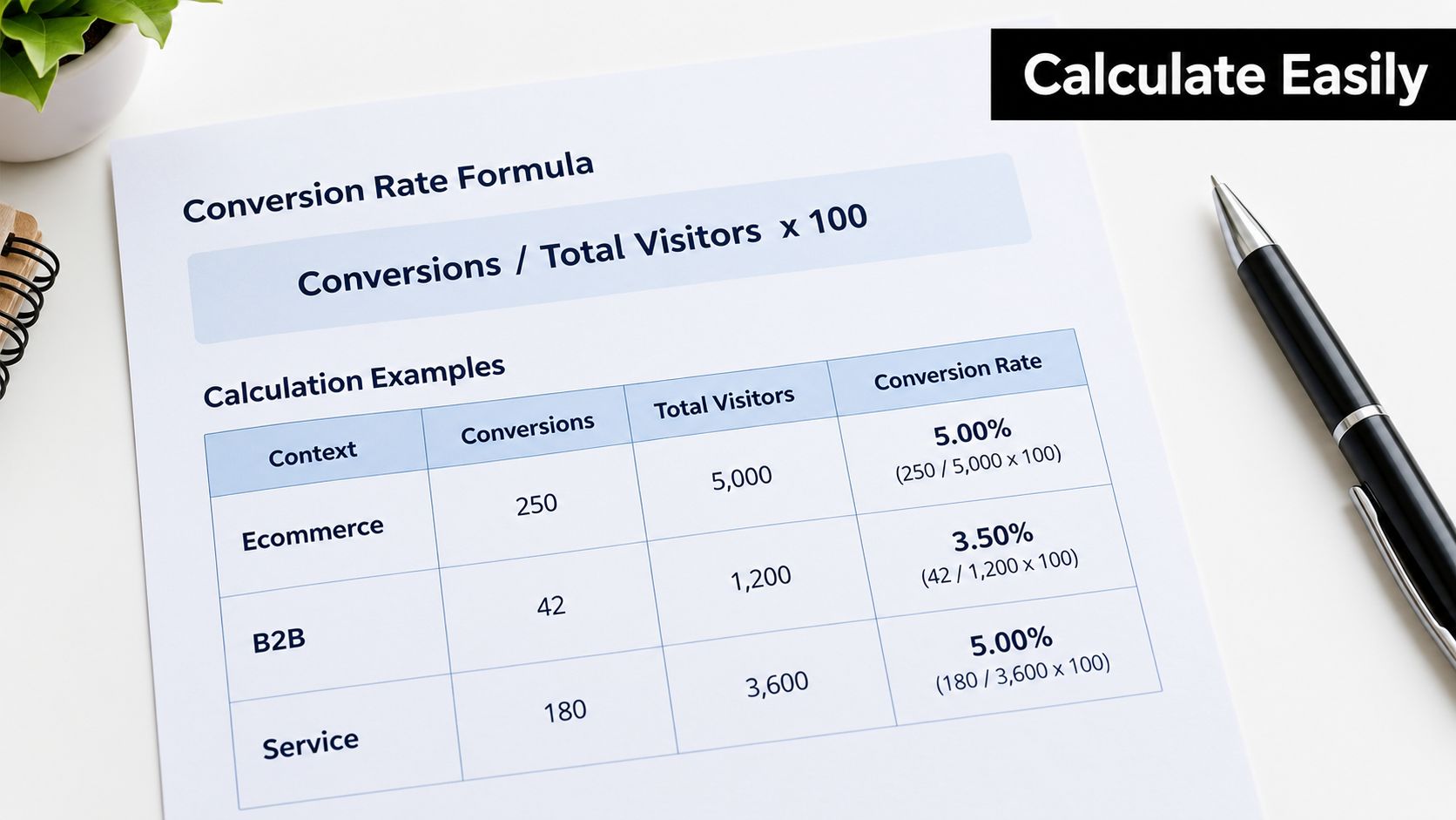 A printed document showing the conversion rate formula and calculation examples for ecommerce, B2B, and service businesses.