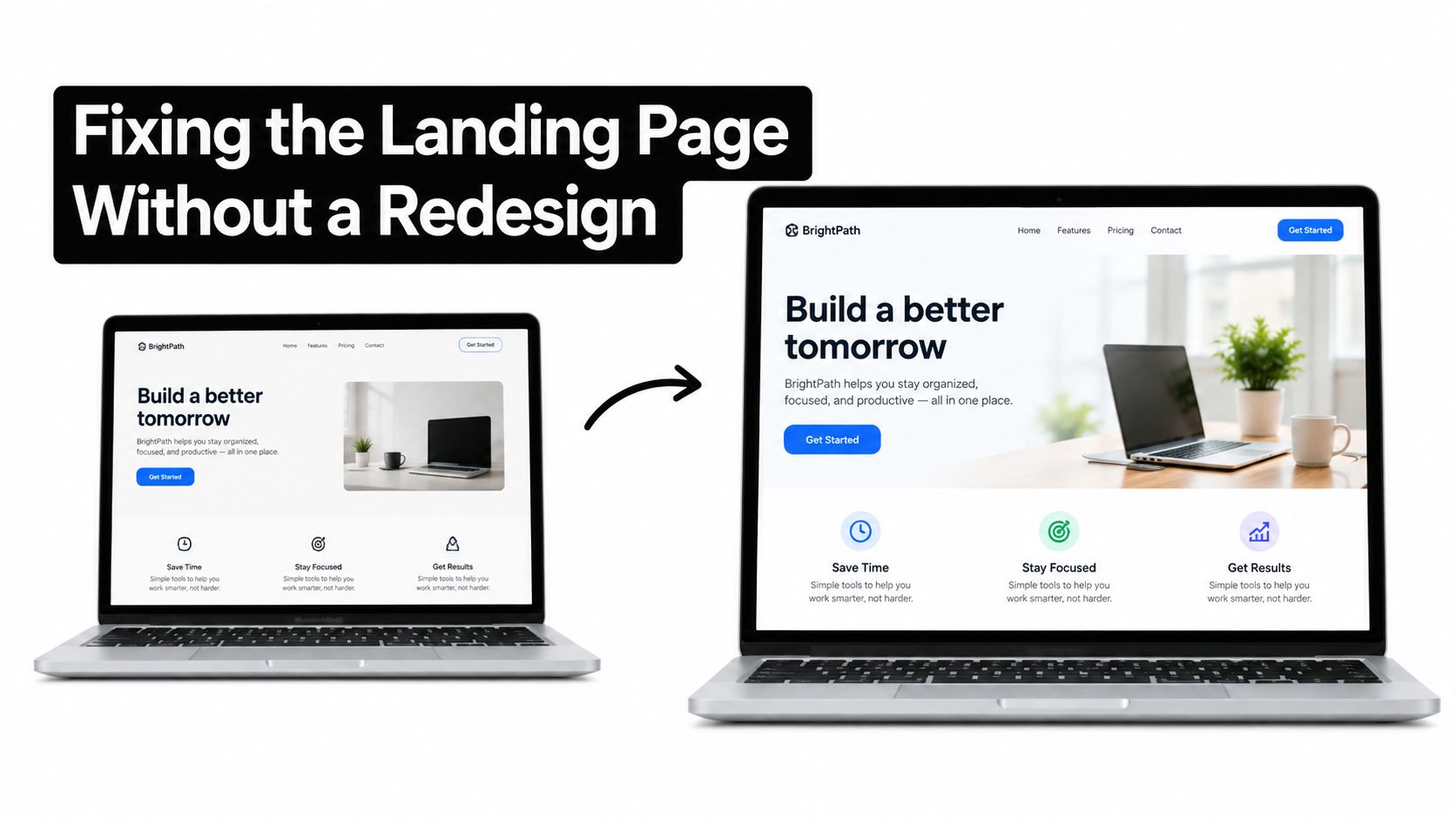 A split screen comparing a cluttered landing page design before and after professional UI optimization improvements.