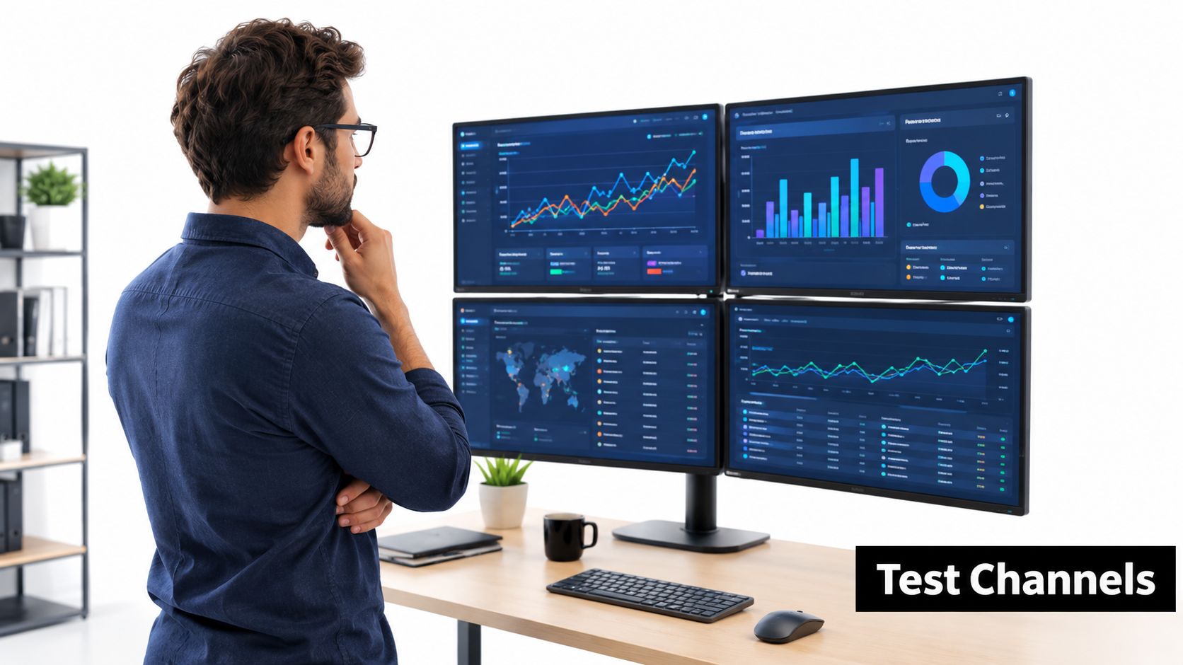 A professional man standing in an office reviewing complex financial data dashboards on four computer monitors.