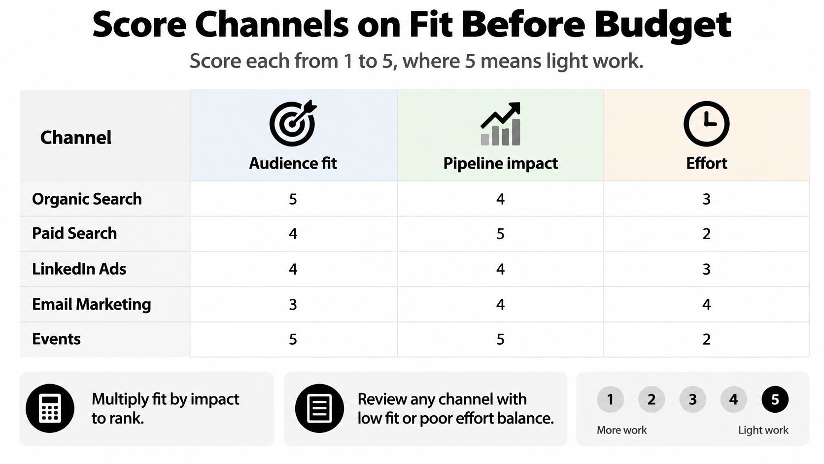 A table evaluating marketing channels by audience fit, pipeline impact, and effort for content distribution planning.
