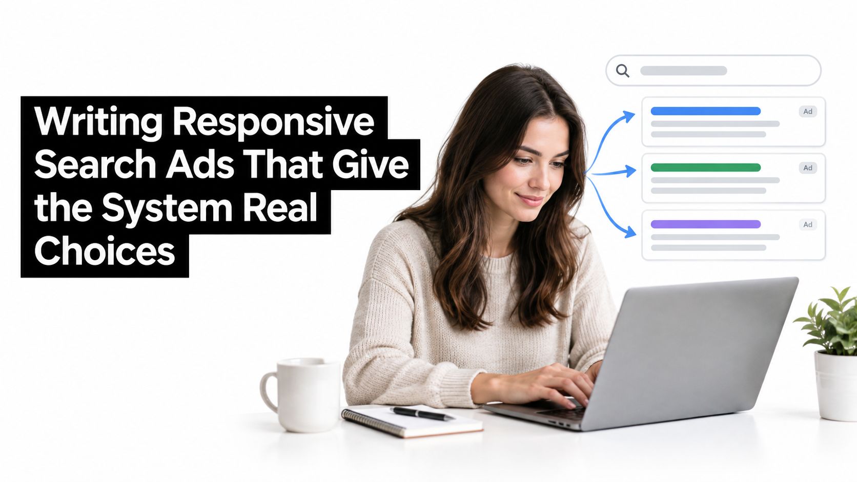 A woman working on a laptop with a graphic representing Google responsive search ads concept.