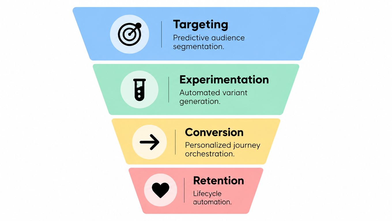 A funnel diagram illustrating the benefits of AI in marketing through targeting, experimentation, conversion, and retention strategies.