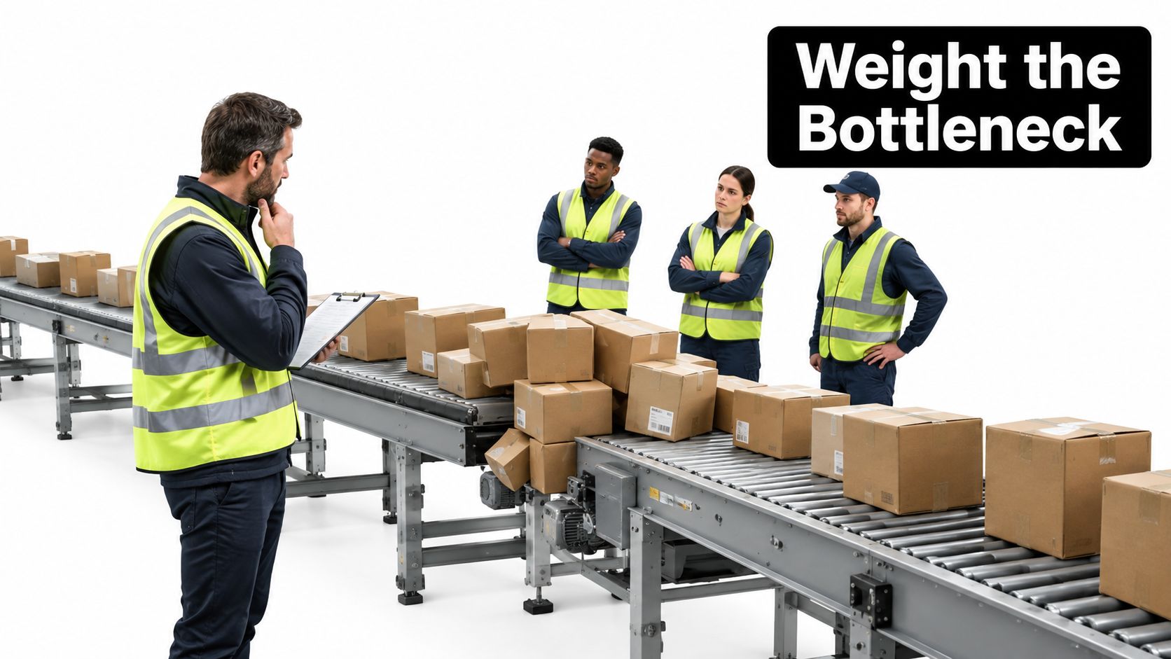 A team of warehouse employees analyzing a conveyor belt packed with cardboard shipping boxes for production efficiency.