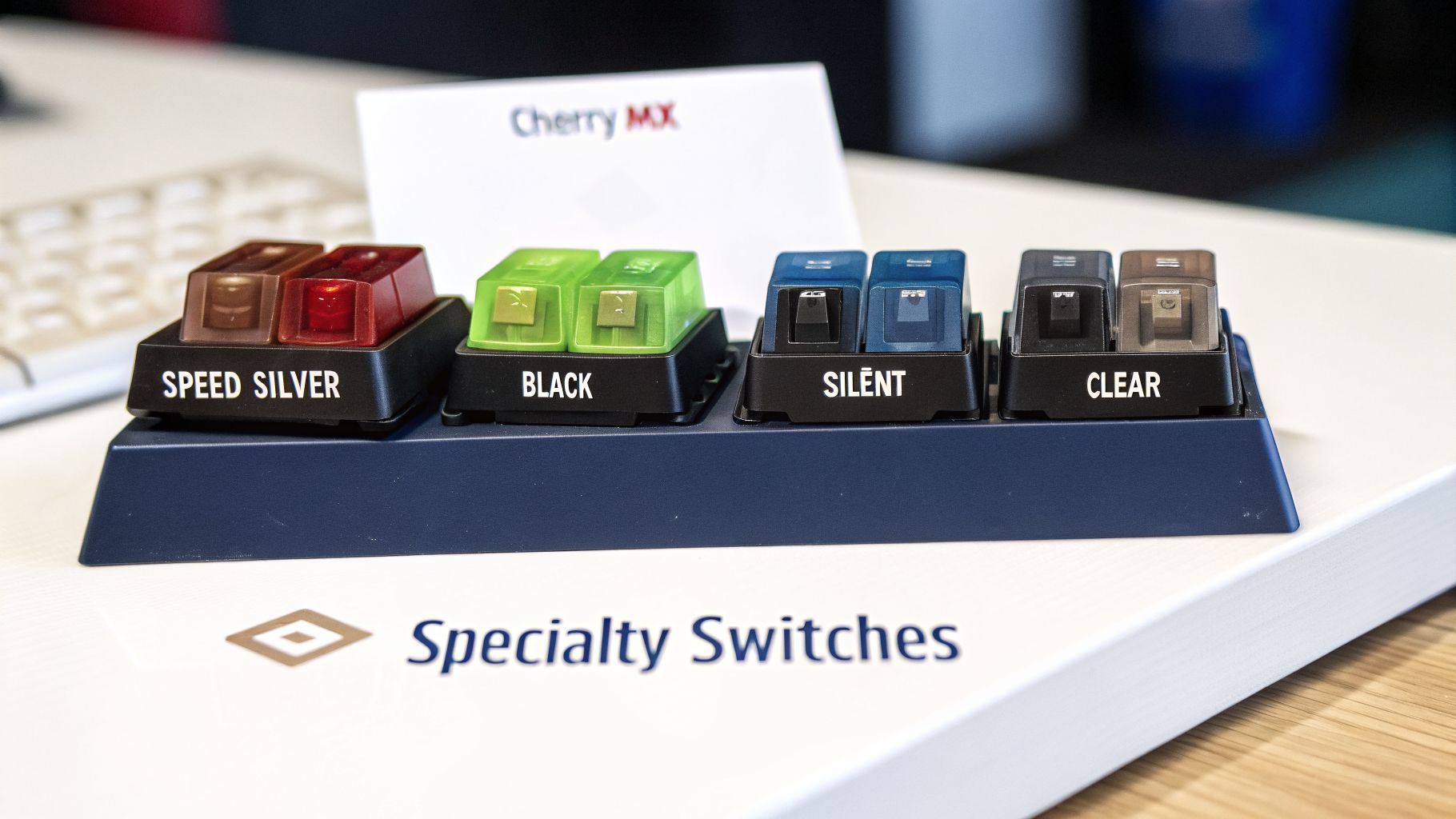 Cherry MX mechanical keyboard switch comparison display featuring Speed Silver, Black, Silent, and Clear switches.