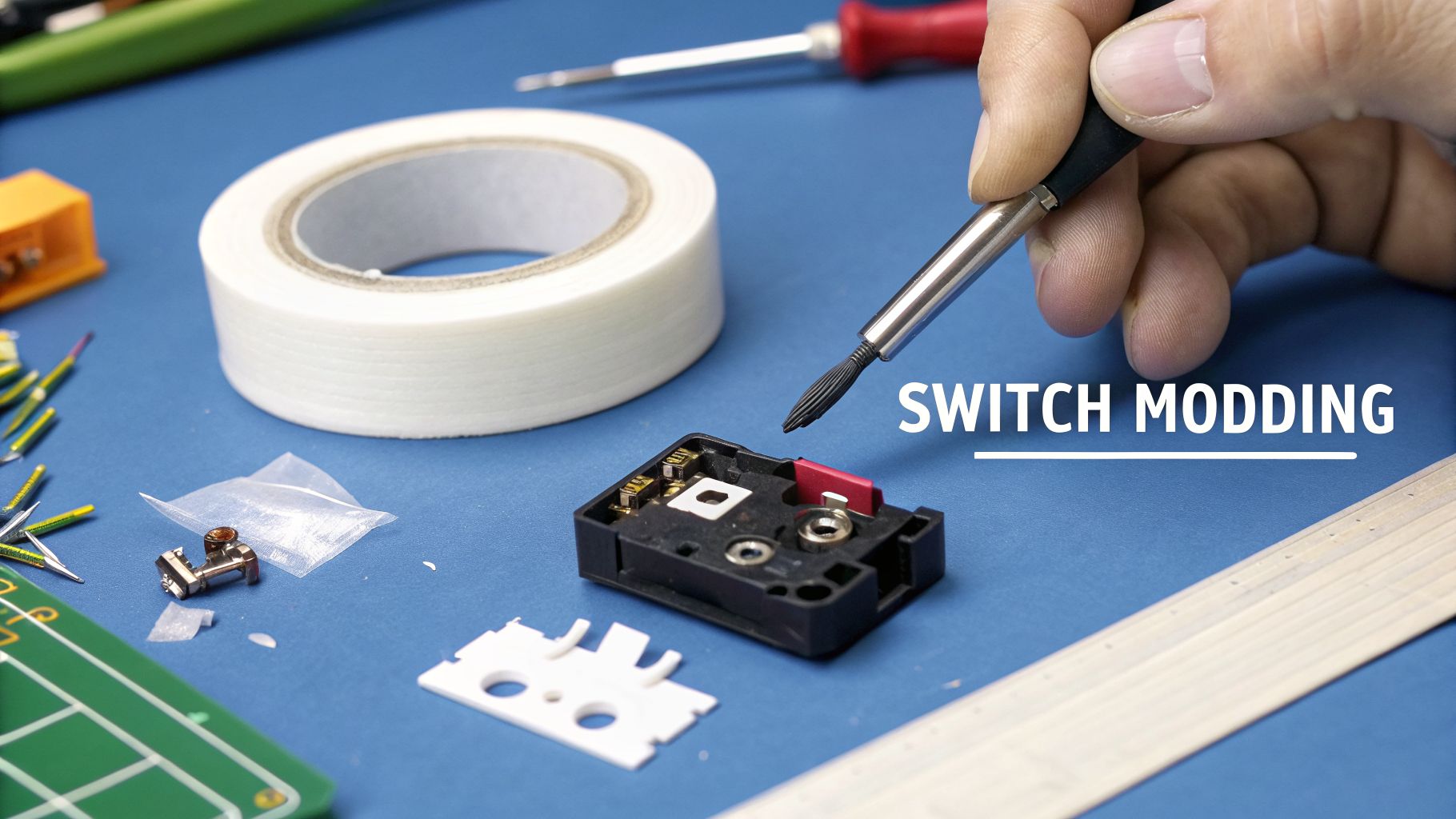 Close-up of a person lubricating a mechanical keyboard switch with a brush, alongside modding tools.