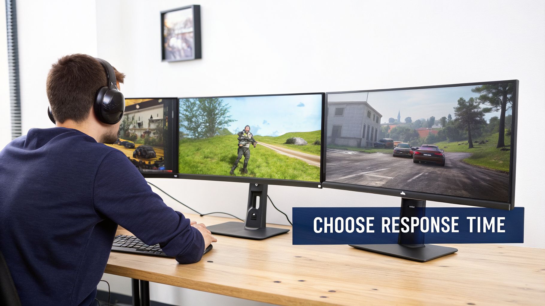 A person gaming on a triple monitor setup with a headset, displaying game action and 'CHOOSE RESPONSE TIME' text.