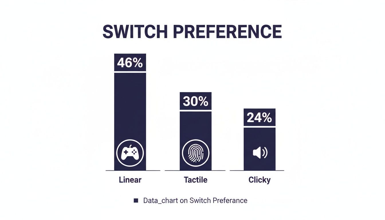 Bar chart showing switch preference with Linear at 46%, Tactile at 30%, and Clicky at 24%.